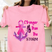 New Fashion Stronger Than The Storm Text Breast Cancer Awareness Anchor Fanband Butterfly Print T Shirt Men's and Women's Summer