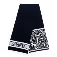 【CHANEL 香奈兒】經典雙C文字LOGO 羊絨圍巾(海軍藍)
