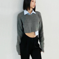 Women Crop Knitted Jumper Ribbed Crop Knit Top