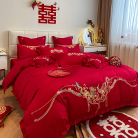 2023 ใหม่ Xiaohongshu ผ้าฝ้ายเย็บปักถักร้อยงานแต่งงานชุดสี่ชิ้นผ้าฝ้ายแท้สีแดงเครื่องนอนแต่งงาน