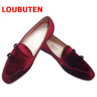 LOUBUTEN New Fashion Wine-red Velvet Shoes Luxury Monk Strap Loafers Shoes For Men Dress Shoes Party And Prom Shoes