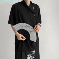 เสื้อเชิ้ตแขนสั้น Yohji Yamamoto สไตล์จีนใหม่สำหรับผู้ชายฤดูร้อนการออกแบบเฉพาะผิดปกติผ้าม่านสุดหรูเส