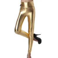 Women High Waist Black golden silver imitation leather Pants Slim Stretch Shiny Leggings Sexy bright bar club disco Pants