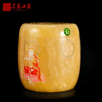 米黃地藏王骨灰桶(壇/罐/盅) 萬佛 大富大貴 米黃玉天然遺像制做