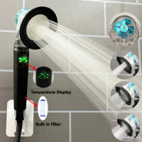 Temperature Display Turbo Propeller Shower Head Black 3 Modes High Pressure Fan Shower Big Boost Filter Handheld Bathroom Shower