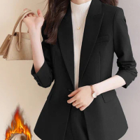 Yitimuceng Blazer for Women Velvet Warm Solid Single Button Office Blazer Pocket Classic Elegant Slim Fashion Autumn Winter New