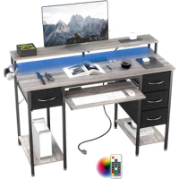 Computer Desk Home Office Desk With Monitor Stand and Keyboard Tray Grey Gaming Chair Room Desks Table for Laptop Bed Reading