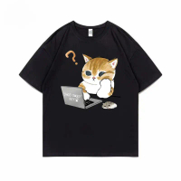 เสื้อยืดคอกลมแขนสั้น วินเทจ ลายแมวโน๊ตบุ๊ค ผ้านิ่มใส่สบาย ES-411 คําแนะนําผลิตภัณฑ์ใหม่ของเดือนนี้ เ