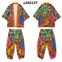Print 2pcs Suit Plus Size 6XL Loose Japanese Samurai Harajuku Kimono Cardigan Women Men Cosplay Yukata Tops Pants Set