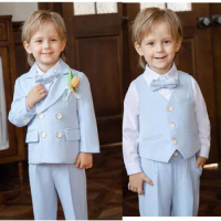 Boys Piano Ceremony Costume Children Blue Elegant Photography Suit Kids Birthday Wedding Party Dress Performance Stage Tuxedo