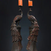 20"Tibetan Temple Collection Old Bronze Cinnabar Gilded Phoenix Statue Candlestick Oil lamp A Pair Ornaments Town house