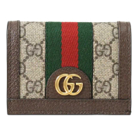【GUCCI 古馳】Ophidia GG 經典雙G緹花條紋織帶拼接扣式零錢短夾(咖)