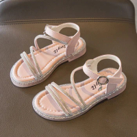 Fashion Girls Sandals Rhinestone Strappy Summer Flats Sandals Little Girls Princess Pink Shoes Birthday Party Sparkle Soft Shoes