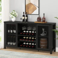 IBF Black Coffee Bar Cabinet, Liquor Cabinet with Wine Rack Storage, Industrial Kitchen Buffet Cabinet for Liquor and Coffee