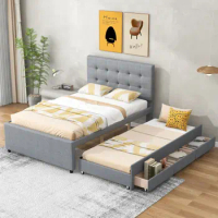 Full Size Upholstered Platform Bed with Pull-out Twin Size Trundle and 3 Drawers,Modern and Timeless,Sturdy Frame, Gray