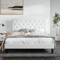 White Queen Size Faux Leather Platform Bed Frame with Button Tufted Headboard,for indoor bedroom furniture