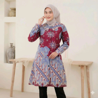 Khudor Fashion - Atasan Tunik Batik Katun Wanita  Outer Lengan Panjang Friendly Kerah Shangrai Full 