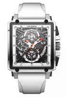 LIGE LIGE Skeleton 中性不銹鋼計時碼表石英手錶 42 毫米寬 x 45 毫米高白色橡膠錶帶