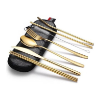 韓式便捷餐具（金色7件套/深色袋） 