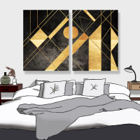 【24mama 掛畫】二聯式 油畫布 插圖 線條 幾何 黑色 藝術 無框畫-60x80cm(抽象金色)