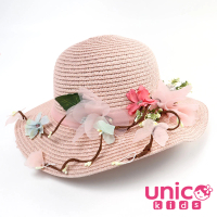 【UNICO】兒童 時尚媽咪最愛夏季女童可折疊遮陽帽/草帽/沙灘帽-粉圓邊花朵(配件/飾品)