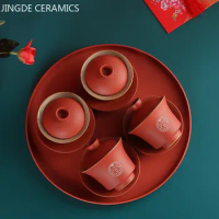 2pcs Chinese Style Ceramic Gaiwan Wedding Tea Infuser Household Porcelain Tea Set Handmade Tea Bowl Teacup with Lid 90ml