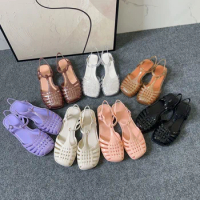 Summer Women's Jelly Shoes Ladies Square Headed Woven Hollow Roman Shoes Retro Woven Jelly Sandals Beach Shoes Female