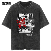 Barangan Demon Slayer Kimetsu no Yaiba, Baju-T Dibasuh, Pakaian Musim Panas, Sesuai untuk Pasangan, 