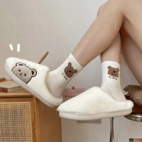 Comwarm Cute Animal Fur Slipper For Women Men Fashion Kawaii Fluffy Winter Warm Slippers Lovers Cartoon Teddy Bear House Shoes