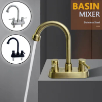 Lavatory Basin Faucet Brushed Gold Matt Black Hot and Cold Mixer 4 Inch 2 Holes Stainless Tap with Flexible Hose G1/2 3/8 9/16