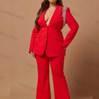 Crystals Red Women Suit Pants Set 2 Piece Blazer+Trousers Plus Size Formal Wedding Tuxedo Tailored Cotton Jacket Coat