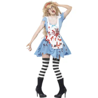 Free Shipping Halloween Bloody Waitress Zombie Costumes For Women Blue Zombie Dress Zombie Clothes