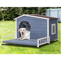 Large Dog House with Terrace &amp; Openable Asphalt Roof Outdoor with Elevated Floor Window Outdoor Dog House for Large Dogs