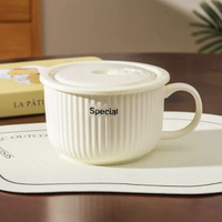 全城熱賣 - 忌廉風陶瓷泡麪碗家用帶蓋保鮮飯碗可微波爐學生手柄碗上班便當盒（奶白色）5.2英寸泡麪碗+保鮮蓋 （麵餅需要掰開）