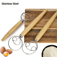 430 Stainless Steel Bread Dough Whisk Wooden Handle Flour Mixer Accessories Tools Pizza Dough Mixer Accessories Bread Baking