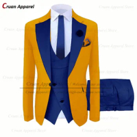 20 Colors 2022 Brand Gold Wedding Men Suit Set Tailor-made Luxury Slim Fit Groomsmen Groom Tuxedo Fashion Blazer Vest Pants 3Pcs
