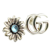 【GUCCI 古馳】925純銀-雙G與藍色托帕石花朵不對稱耳環