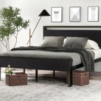 14 "large metal platform bed frame, wooden headboard and footboard, mattress base, large under bed storage, non-slip, black oak