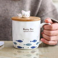買一送一 創意貓咪魚群馬克陶瓷杯子卡通帶蓋勺簡約咖啡情侶杯早餐牛奶水杯  雙十二購物節