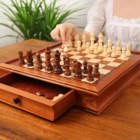 Pull Type Wood Chess Set Pieces Portable Storage Travel Tournament Chess Set Antique Extra Queen Juegos En Familia Indoor Games
