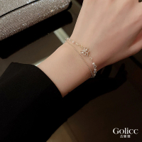【Golicc】雙層 鈦鋼 珍珠 鋯石 花朵 手鍊(首飾 飾品 手鍊 手環 韓國 禮物 618 年中慶)