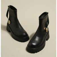 Women's Smoke Tube Boots New Autumn and Winter Thick Bottom Smoke Pipe Short Boots Winter Fleece-Lined Chelsea Black