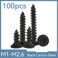 100pcs M1.2 M 1.3 M1.4 M1.5 M1.6 M1.7 1.8 M2.2 2.5 2.6 Black Carbon Steel Cross Flat Countersunk Head Mini Self Tapping Screw