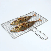 Stainless Steel BBQ Grill Tool, Roast Fish Wire, Net Shelf, Non-stick Tool, Vegetable Handle, Chicken and Meat, 1Pc