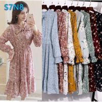 Gaun Wanita Muslimah Panjang Lengan - Desain Midi Dress Korea Motif Bunga, Warna Solid Hitam & Merah