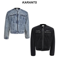 【ของแท้ 100%】 ♔Karants เสื้อแจ็คเก็ตยีนส์ทรง Cropped Boxy- AK28 ตกแต่งด้วยแถบโลหะและซิปที่หน้าอก สำห