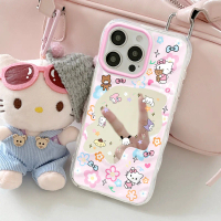 Sarung telefon cermin gelombang dengan corak bunga dan kucing yang ceria untuk iPhone 17/16/15/14/13