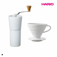 【HARIO】純白系列 V60 簡約磁石手搖磨豆機-白色 + V60白色02磁石濾杯(手沖咖啡 簡約)