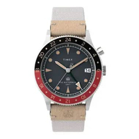 Jam Tangan Pria Timex Waterbury TW2V74100 Traditional GMT Black Dial White Fabric Strap Multicolor