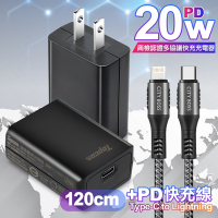 Topcom 20W Type-C PD3.0+QC3.0 快速充電器TC-S300C-黑+勇固 Type-C to Lightning PD耐彎折快充線-1.2米